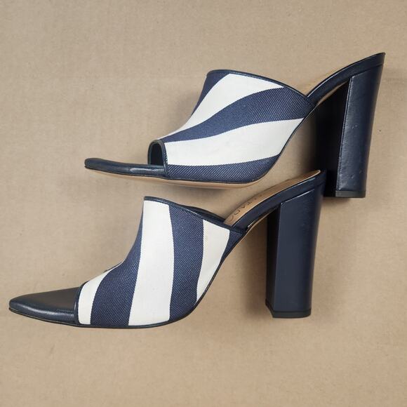 Paris Valtadoros Striped Mule Heels Women’s SZ 37 (US 6) Navy/White Block Heel - Picture 9 of 13